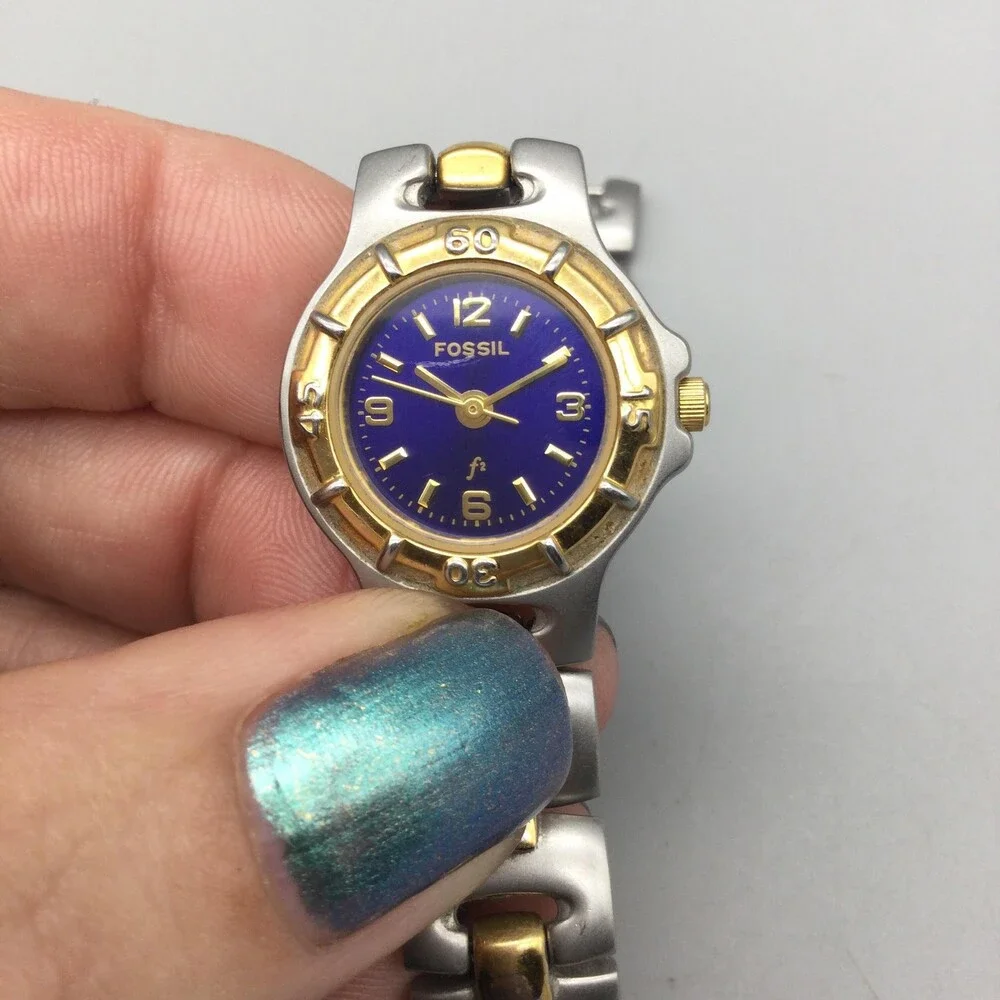 Fossil F2 ES-9194 Womens Watch 22mm Purple Dial Two Tone New Battery 6.25